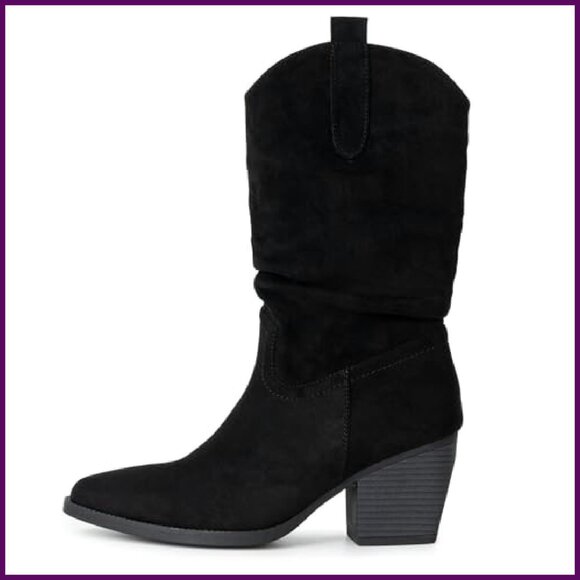 Women's Western Slouch Boots Mid Calf Block Heel Cowboy Booties - Picture 3 of 8